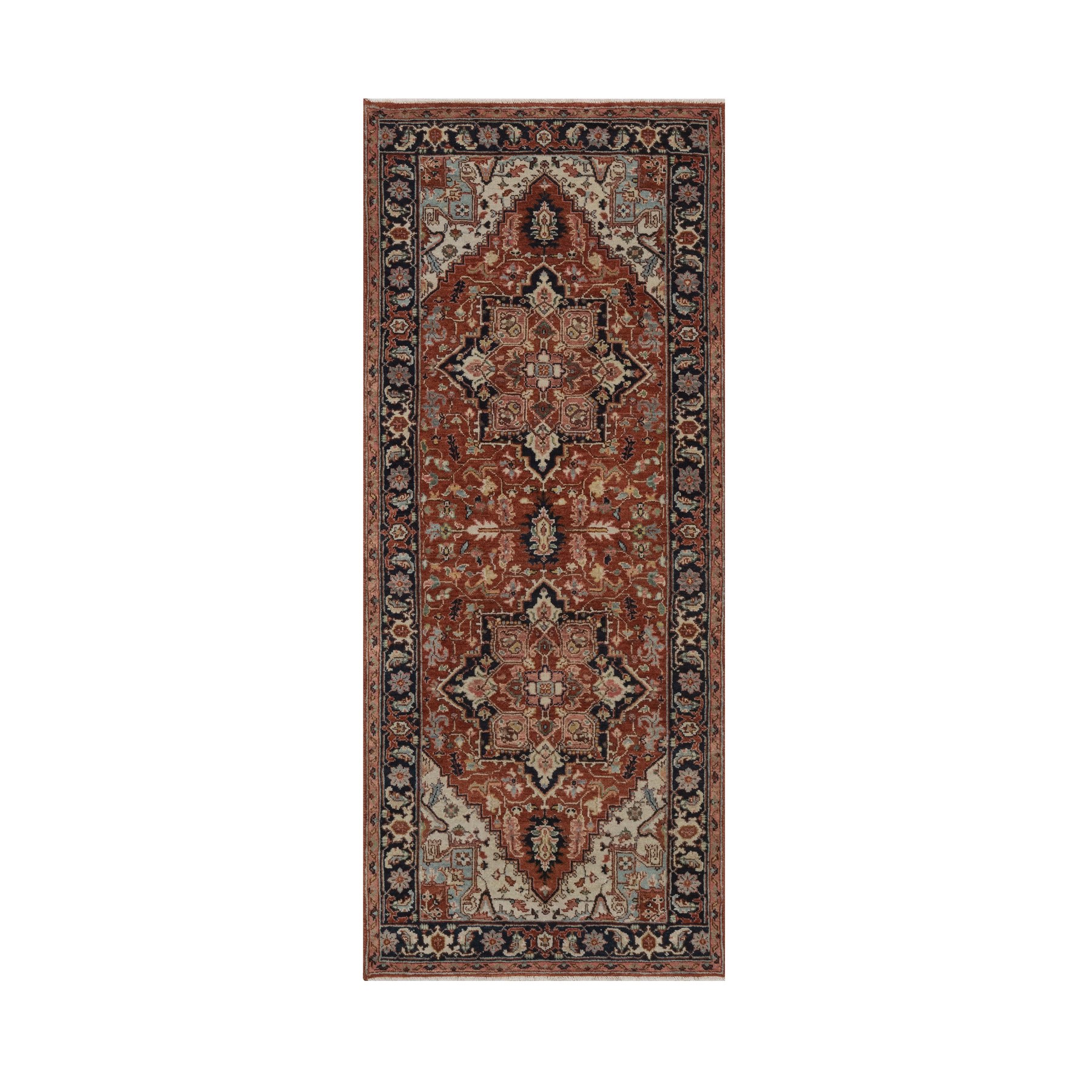 2'7"x6'3" Auburn Red, Antiqued Fine Heriz Re-Creation, Medallions Design, Hand Knotted, Hand Spun New Zealand Wool, Denser Weave, Vegetable Dyes, Runner, Oriental Rug 